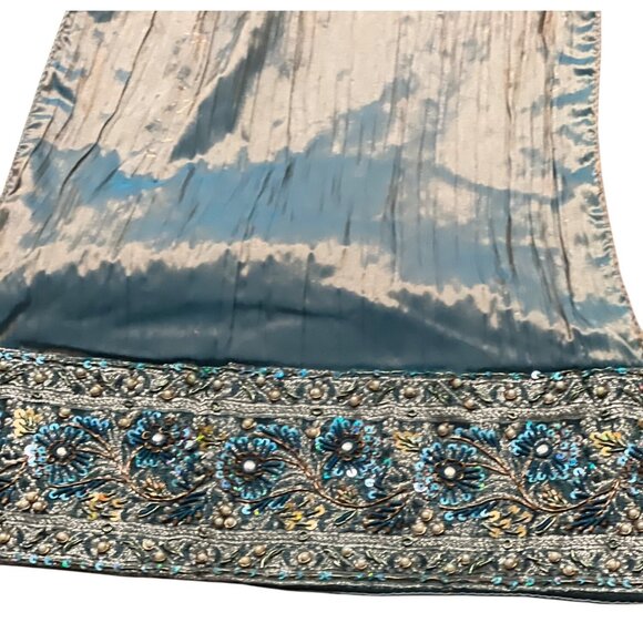 Embroidered Metallic Teal Long Runner  Window Valance With Floral Beaded Edge - Picture 3 of 5